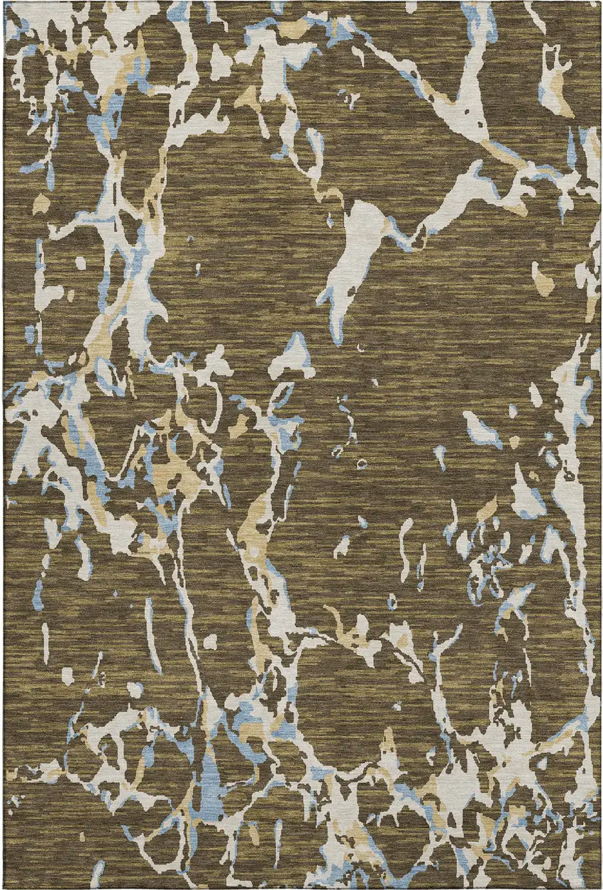 Coffee Ivory And Blue Striped Washable Area Rug With UV Protection Photo 1