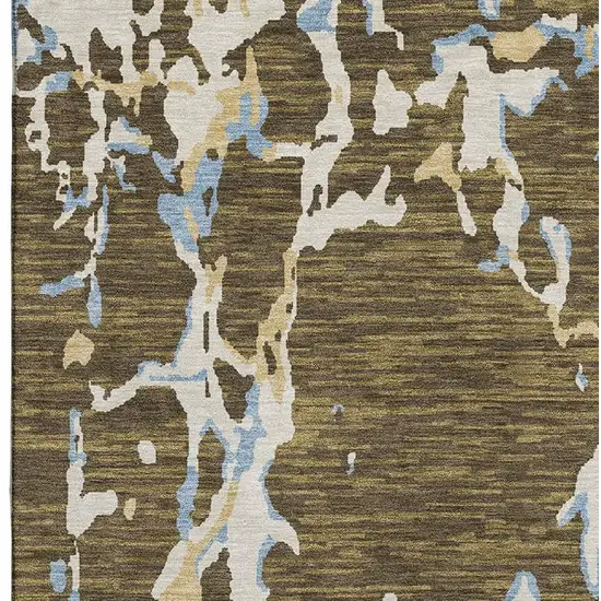 Coffee Ivory And Blue Striped Washable Area Rug With UV Protection Photo 3