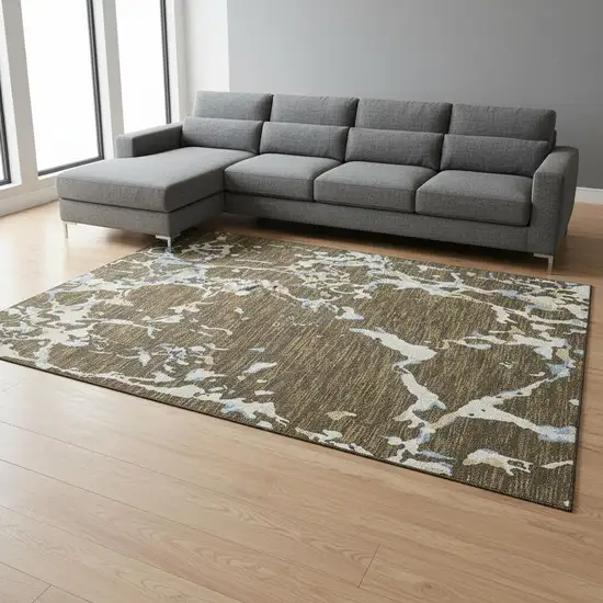 Coffee Ivory And Blue Striped Washable Area Rug With UV Protection Photo 2