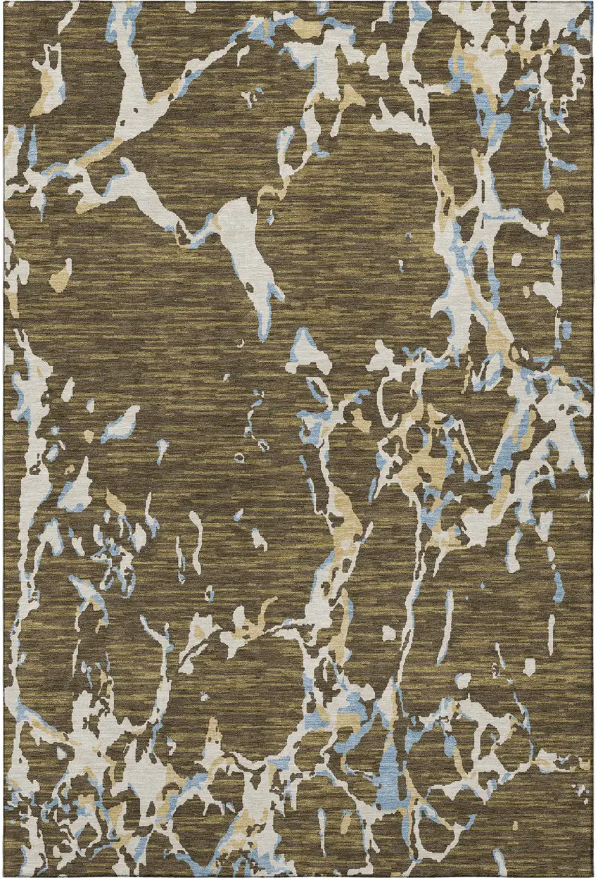 Coffee Ivory And Blue Striped Washable Area Rug With UV Protection Photo 3