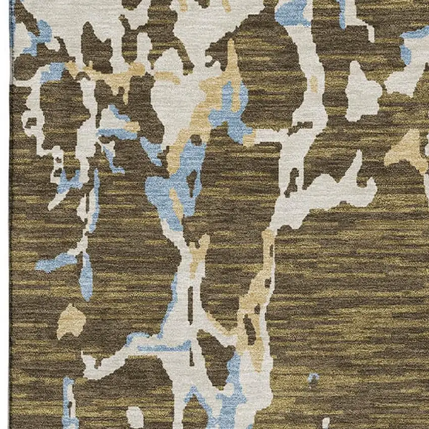 Coffee Ivory And Blue Striped Washable Area Rug With UV Protection Photo 2