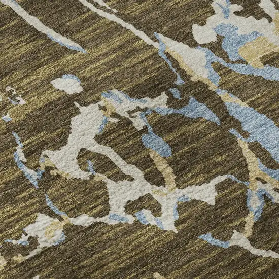 Coffee Ivory And Blue Striped Washable Area Rug With UV Protection Photo 9