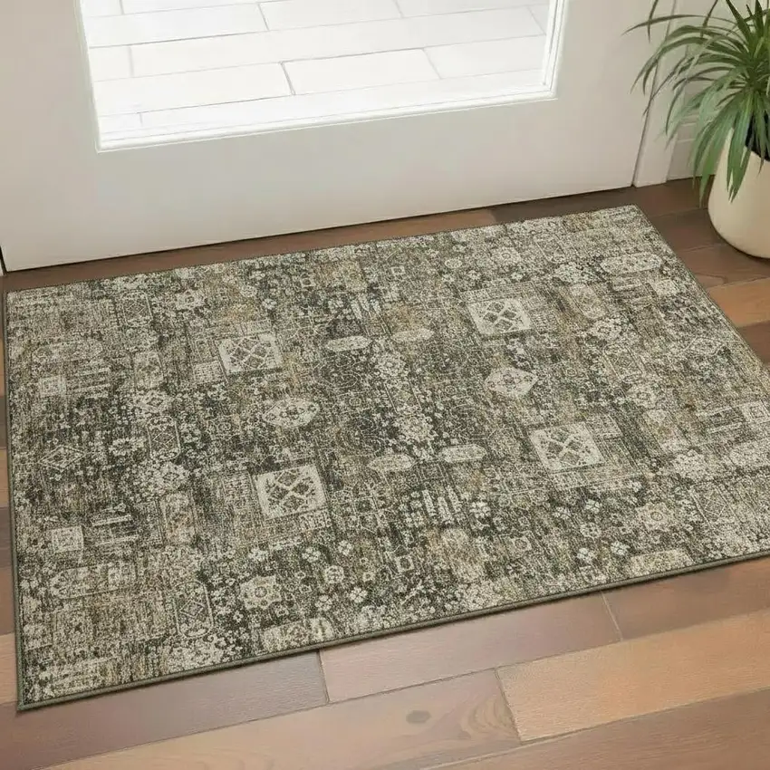 Coffee Ivory And Gold Floral Washable Area Rug With UV Protection Photo 1