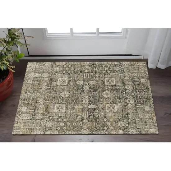 Coffee Ivory And Gold Floral Washable Area Rug With UV Protection Photo 2