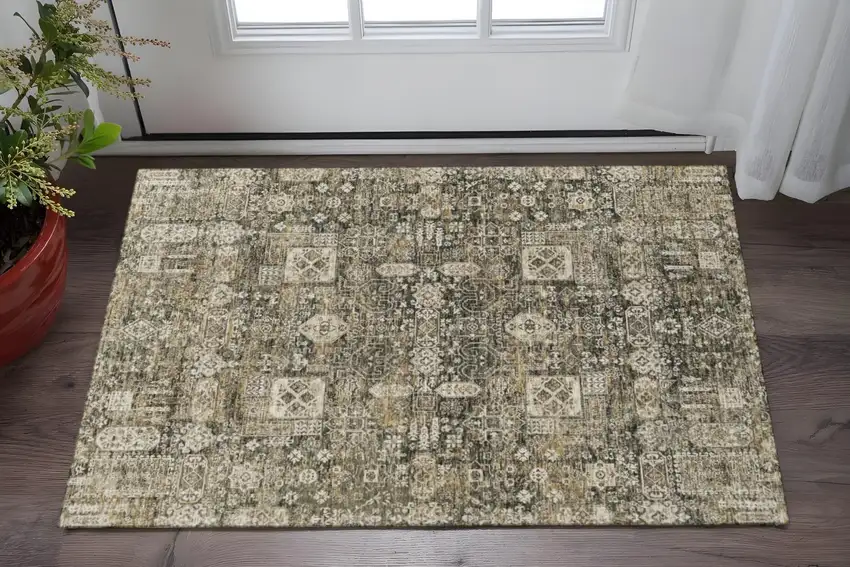 Coffee Ivory And Gold Floral Washable Area Rug With UV Protection Photo 2