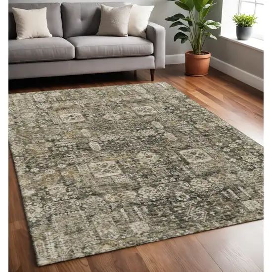 Coffee Ivory And Gold Floral Washable Area Rug With UV Protection Photo 2