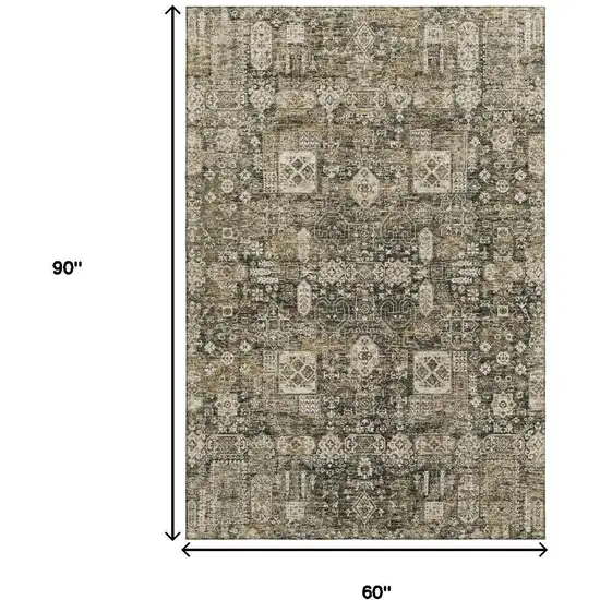 Coffee Ivory And Gold Floral Washable Area Rug With UV Protection Photo 3