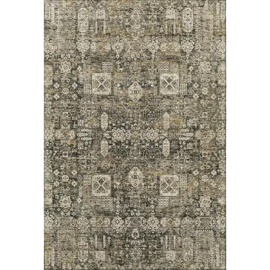 Coffee Ivory And Gold Floral Washable Area Rug With UV Protection Photo 3