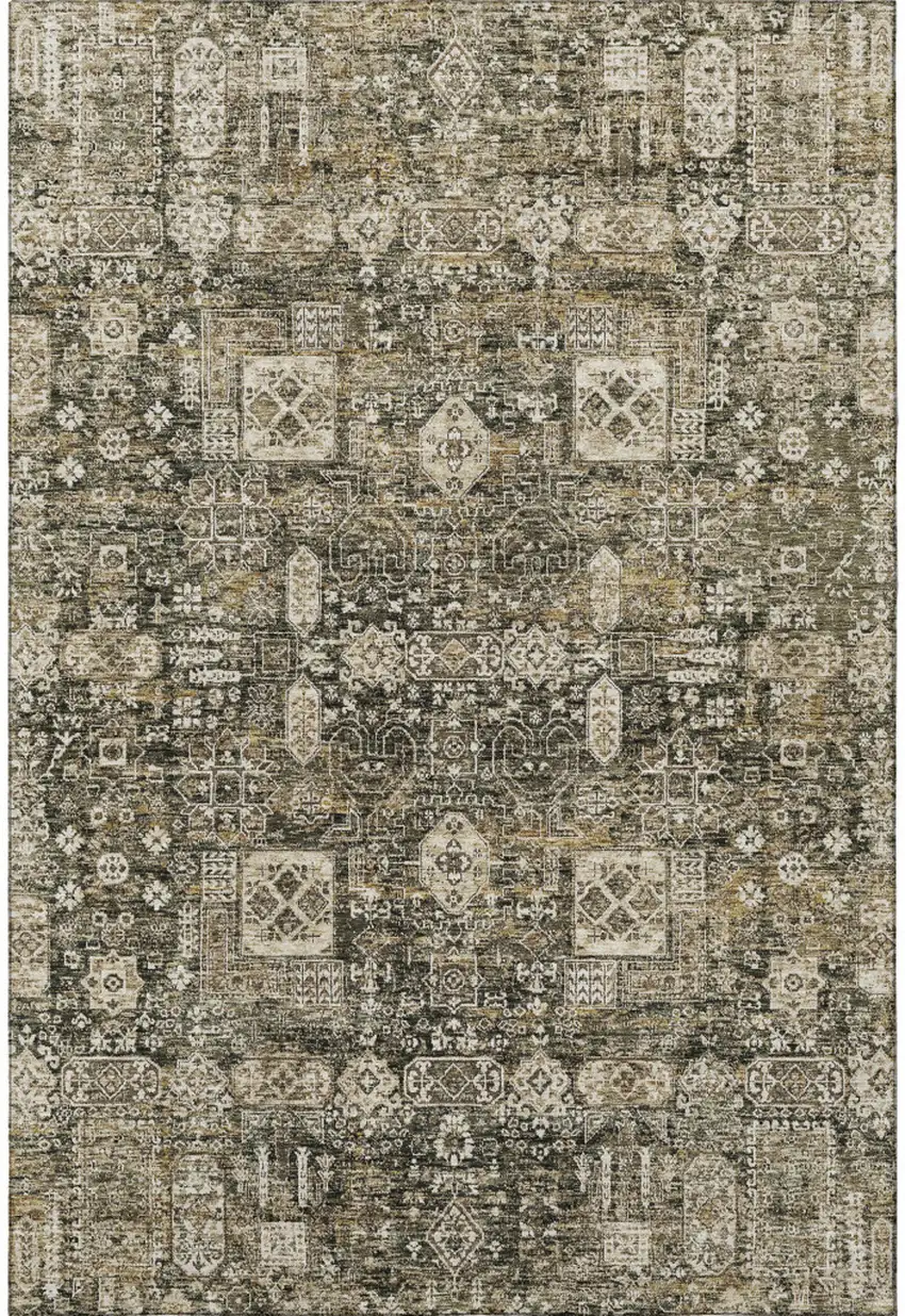 Coffee Ivory And Gold Floral Washable Area Rug With UV Protection Photo 3