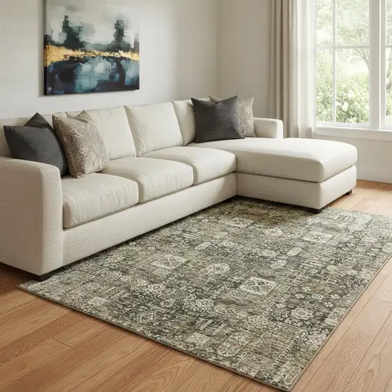 Coffee Ivory And Gold Floral Washable Area Rug With UV Protection Photo 1