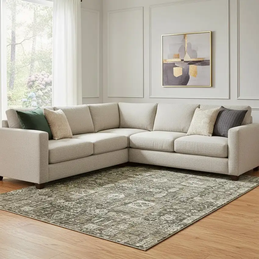 Coffee Ivory And Gold Floral Washable Area Rug With UV Protection Photo 1