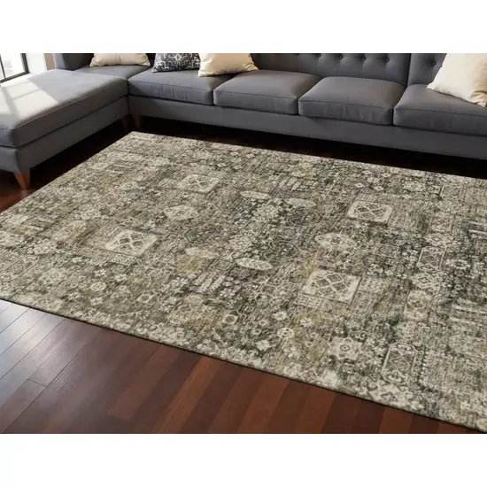 Coffee Ivory And Gold Floral Washable Area Rug With UV Protection Photo 2