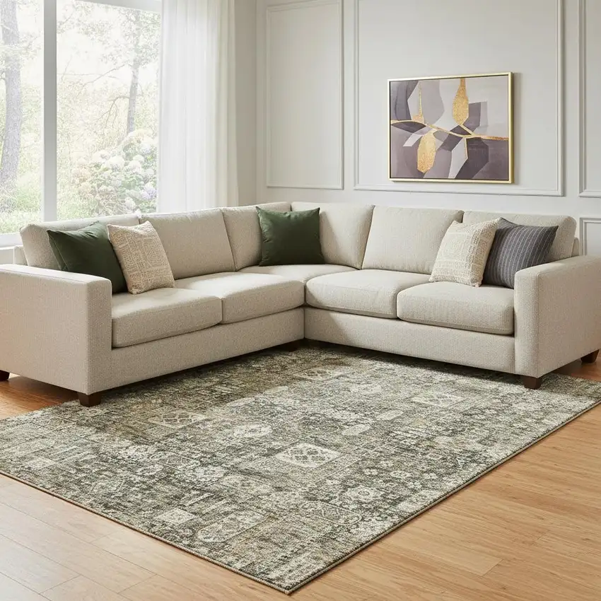 Coffee Ivory And Gold Floral Washable Area Rug With UV Protection Photo 1