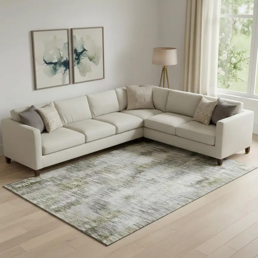 Coffee Ivory And Gray Abstract Washable Area Rug With UV Protection Photo 1