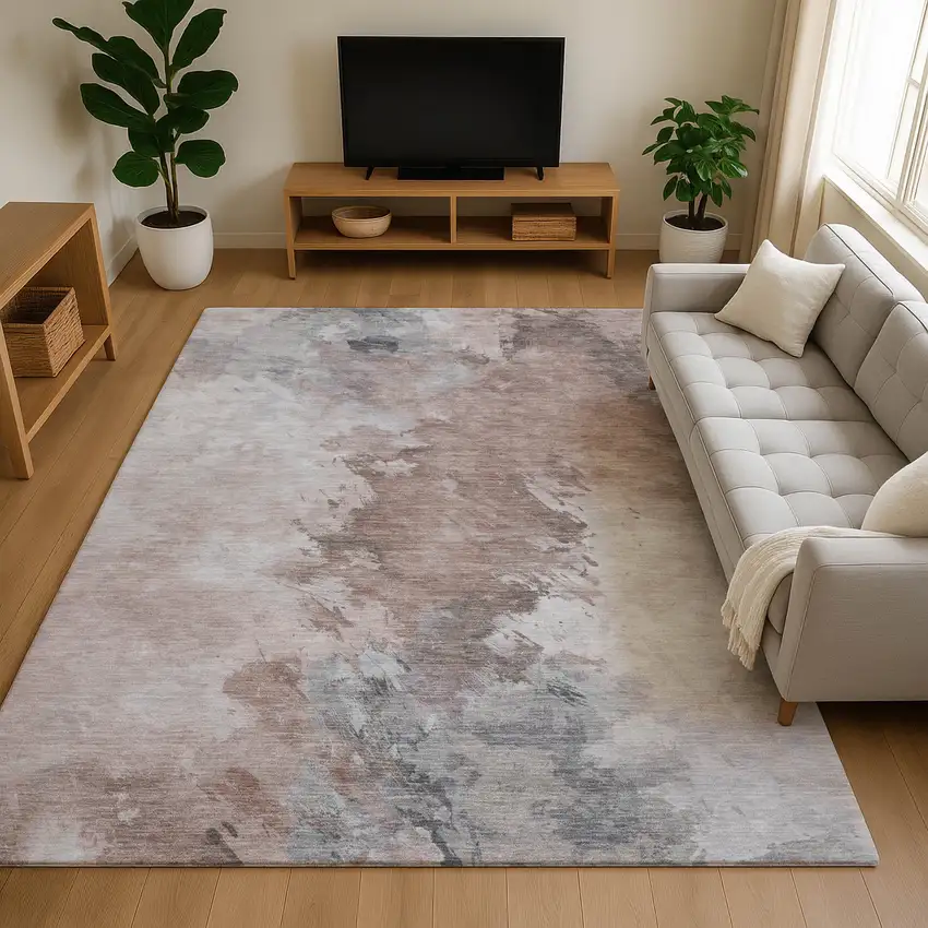 Coffee Ivory And Gray Abstract Washable Area Rug With UV Protection Photo 4
