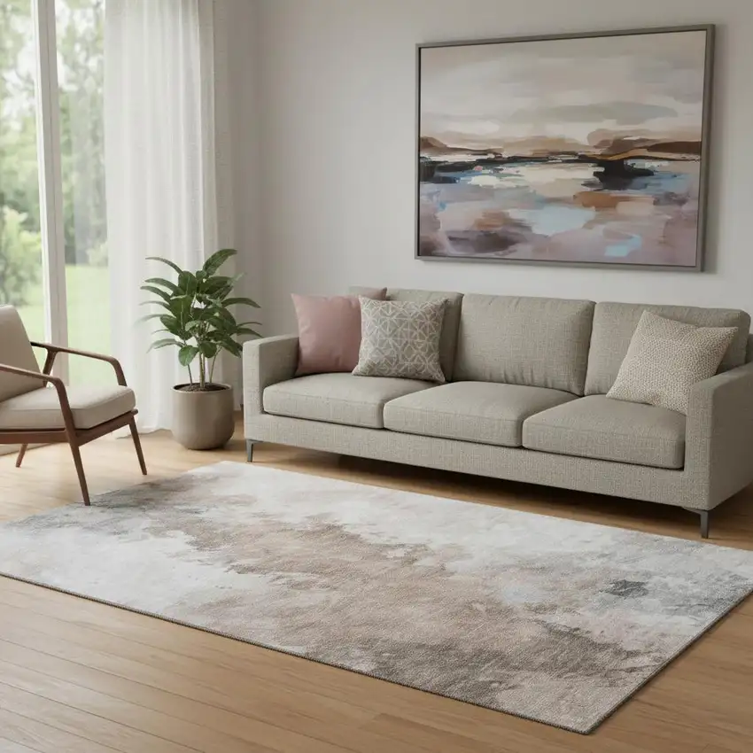 Coffee Ivory And Gray Abstract Washable Area Rug With UV Protection Photo 2