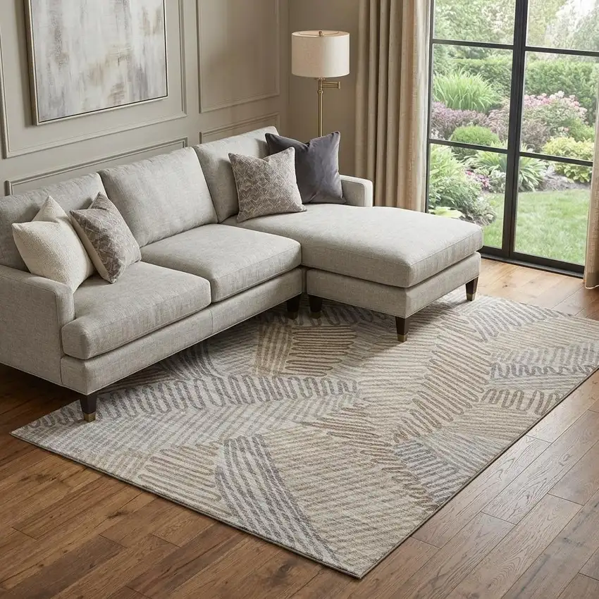 Coffee Ivory And Gray Botanical Leaves Washable Area Rug With UV Protection Photo 1