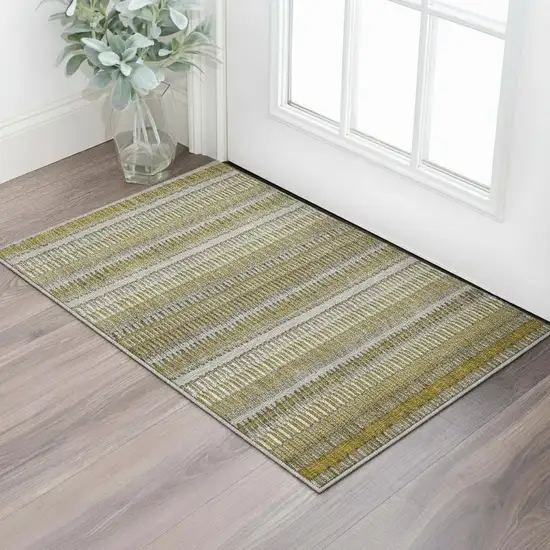 Coffee Ivory And Gray Striped Washable Area Rug With UV Protection Photo 1