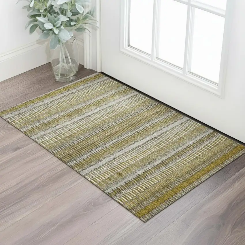 Coffee Ivory And Gray Striped Washable Area Rug With UV Protection Photo 1