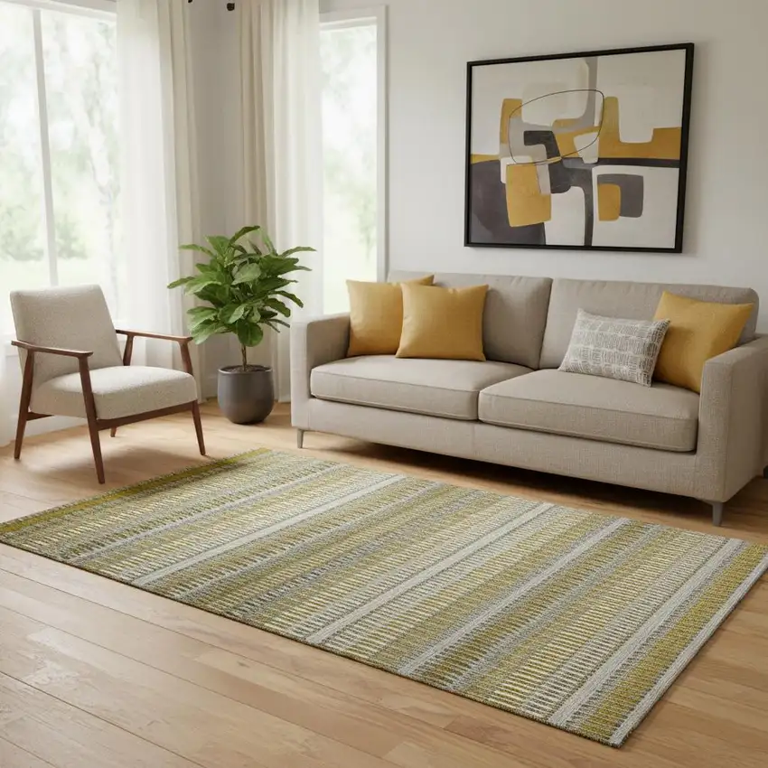 Coffee Ivory And Gray Striped Washable Area Rug With UV Protection Photo 1