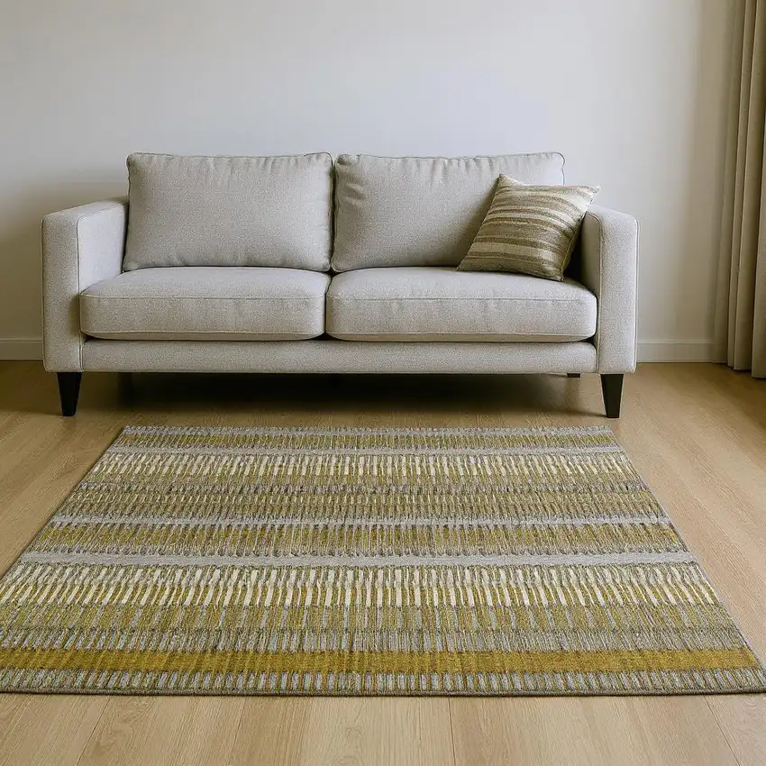 Coffee Ivory And Gray Striped Washable Area Rug With UV Protection Photo 2