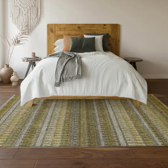 Coffee Ivory And Gray Striped Washable Area Rug With UV Protection Photo 4