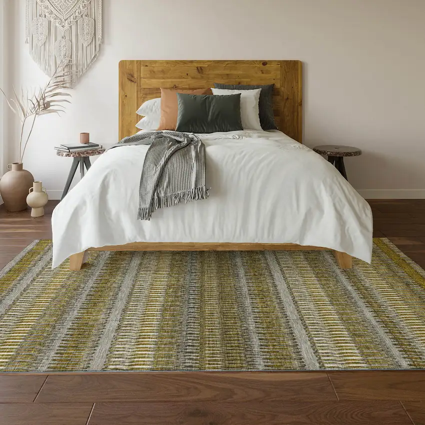 Coffee Ivory And Gray Striped Washable Area Rug With UV Protection Photo 4