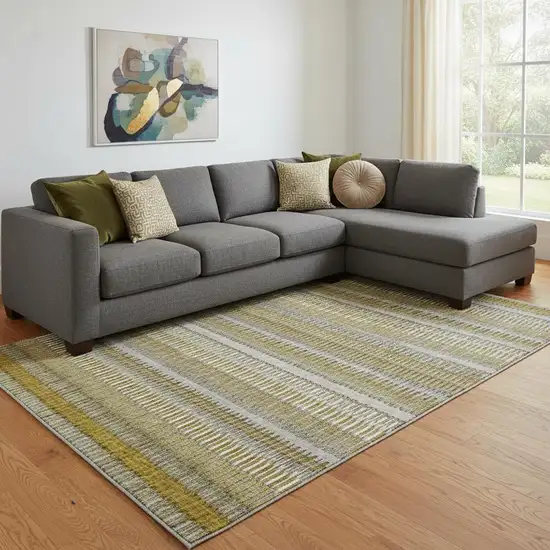 Coffee Ivory And Gray Striped Washable Area Rug With UV Protection Photo 1