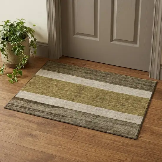 Coffee Ivory And Gray Striped Washable Area Rug With UV Protection Photo 1