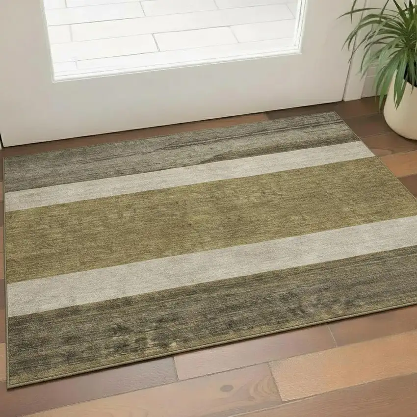 Coffee Ivory And Gray Striped Washable Area Rug With UV Protection Photo 2