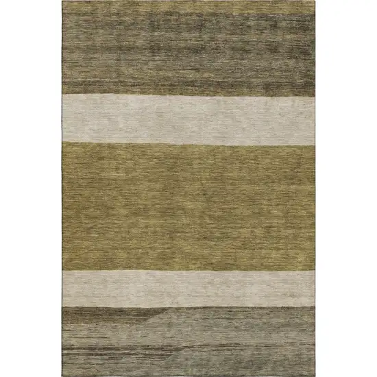 Coffee Ivory And Gray Striped Washable Area Rug With UV Protection Photo 1