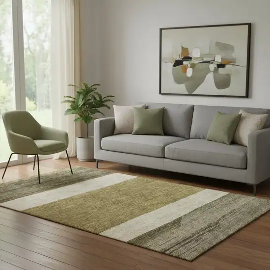 Coffee Ivory And Gray Striped Washable Area Rug With UV Protection Photo 2