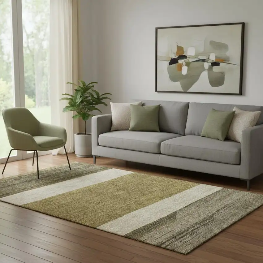 Coffee Ivory And Gray Striped Washable Area Rug With UV Protection Photo 2