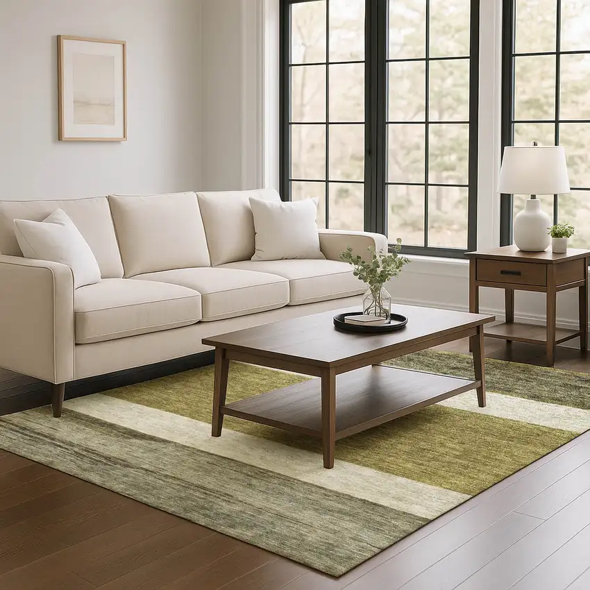 Coffee Ivory And Gray Striped Washable Area Rug With UV Protection Photo 3