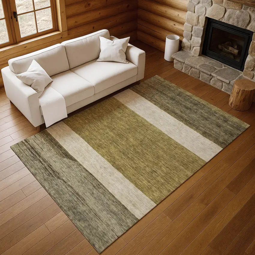 Coffee Ivory And Gray Striped Washable Area Rug With UV Protection Photo 4