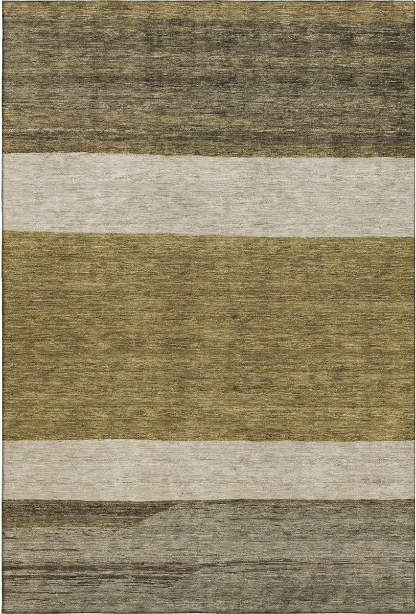 Coffee Ivory And Gray Striped Washable Area Rug With UV Protection Photo 1