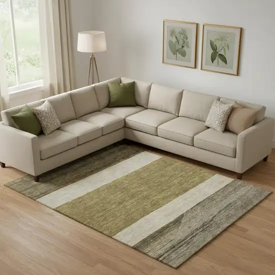 Coffee Ivory And Gray Striped Washable Area Rug With UV Protection Photo 2