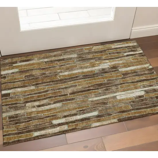 Coffee Ivory And Taupe Striped Washable Area Rug With UV Protection Photo 1