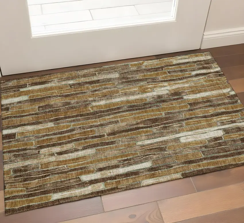 Coffee Ivory And Taupe Striped Washable Area Rug With UV Protection Photo 1