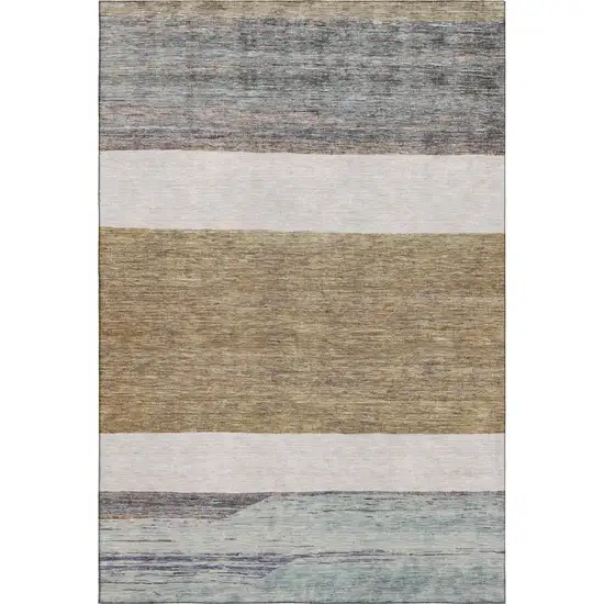 Coffee Ivory And Taupe Striped Washable Area Rug With UV Protection Photo 4