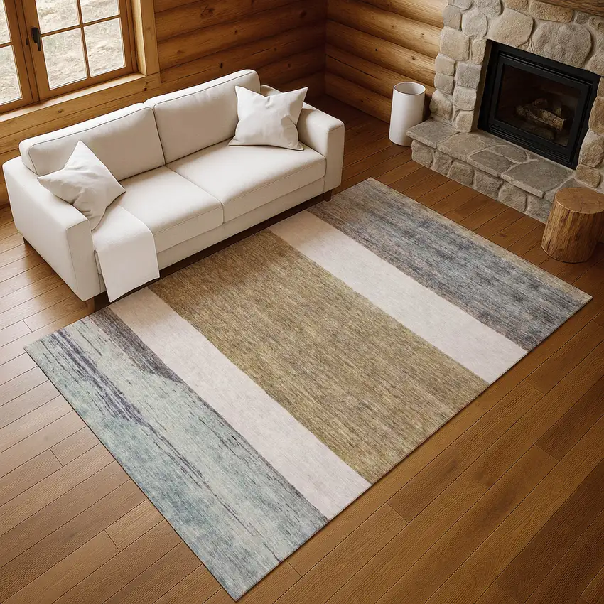 Coffee Ivory And Taupe Striped Washable Area Rug With UV Protection Photo 3