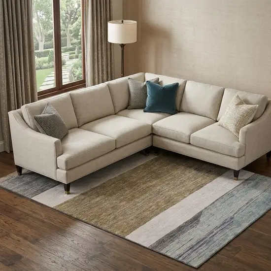 Coffee Ivory And Taupe Striped Washable Area Rug With UV Protection Photo 1