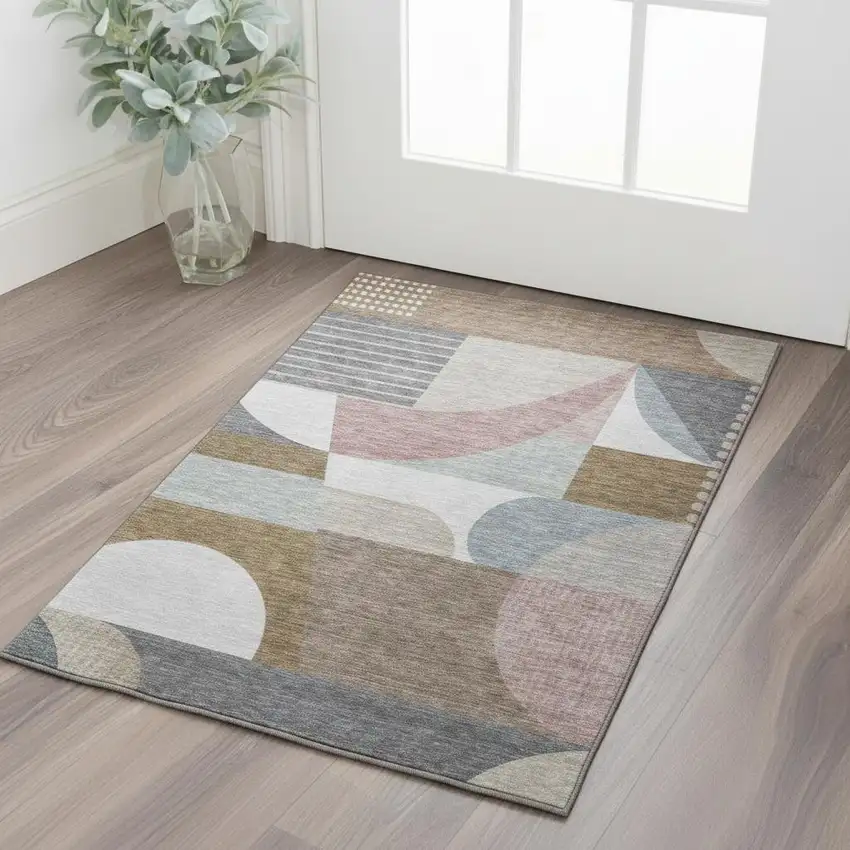 Coffee Mauve And Ivory Geometric Washable Area Rug With UV Protection Photo 2