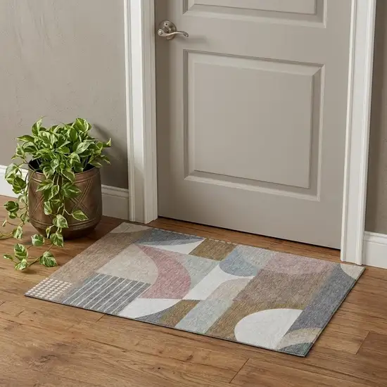 Coffee Mauve And Ivory Geometric Washable Area Rug With UV Protection Photo 1