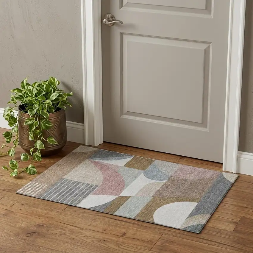 Coffee Mauve And Ivory Geometric Washable Area Rug With UV Protection Photo 1