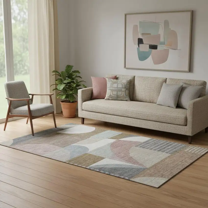 Coffee Mauve And Ivory Geometric Washable Area Rug With UV Protection Photo 2