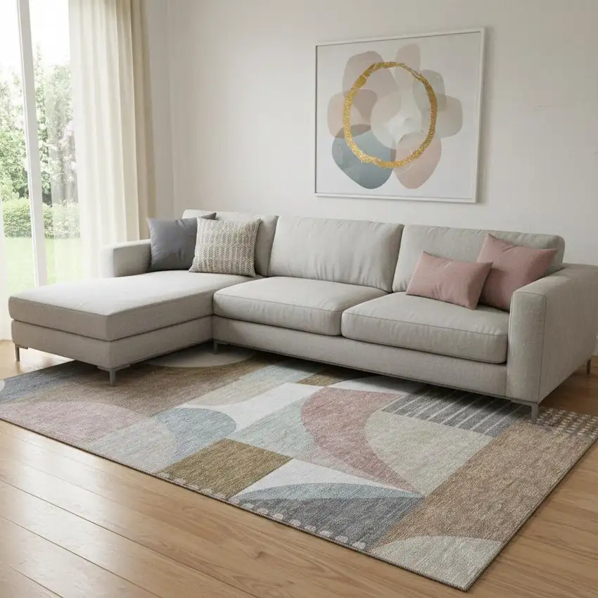 Coffee Mauve And Ivory Geometric Washable Area Rug With UV Protection Photo 2