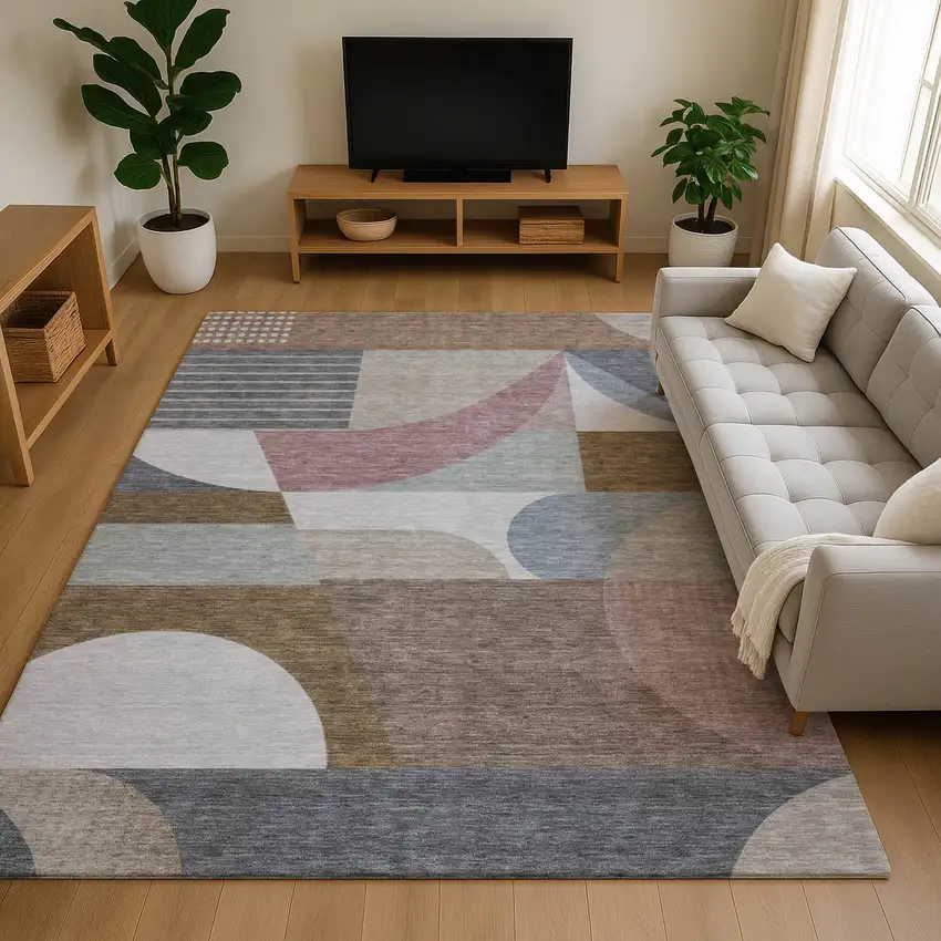 Coffee Mauve And Ivory Geometric Washable Area Rug With UV Protection Photo 4