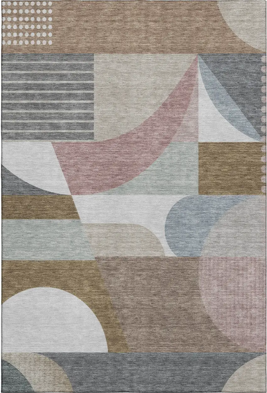 Coffee Mauve And Ivory Geometric Washable Area Rug With UV Protection Photo 1