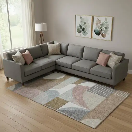 Coffee Mauve And Ivory Geometric Washable Area Rug With UV Protection Photo 2